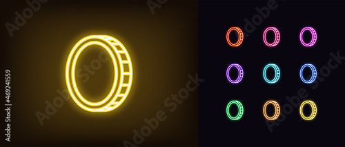 Outline neon coin icon. Glowing neon coin sign, token pictogram in vivid colors. Money and currency, token and cryptocurrency, finance and investments. Vector icon set, symbol for UI