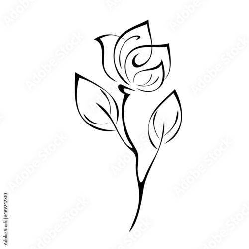 ornament 2054. stylized flower bud on a stem with two leaves in black lines on a white background