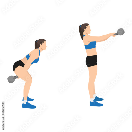 Woman doing Russian kettlebell swing exercise. Flat vector illustration isolated on white background. workout character set