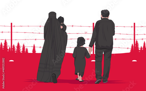 A refugee family with children on the border between Poland and Belarus. Migrants are fleeing the war. In search of home, peace, freedom and human rights. Vector on flag background 