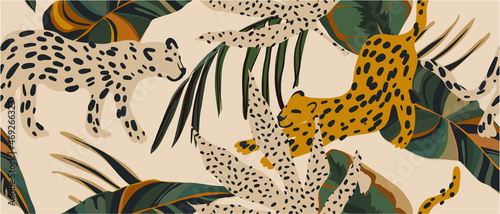 Hand drawn abstract pattern with leopards. Creative collage contemporary seamless pattern. Natural colors. Fashionable template for design.