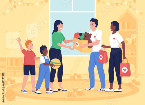 Donating to orphanage flat color vector illustration. Non profit help for community. Give kids toys. Children and volunteers 2D cartoon characters with kindergarten room interior on background