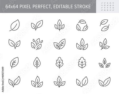 Leaf line icons. Vector illustration include icon - botany, herbal, ecology, bio, organic, vegetarian, eco, fresh, nature outline pictogram for flora. 64x64 Pixel Perfect, Editable Stroke