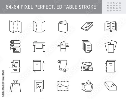 Printing house line icons. Vector illustration include icon - large format, brochure, booklet, typography, guidebook, calendar outline pictogram for polygraphy. 64x64 Pixel Perfect, Editable Stroke