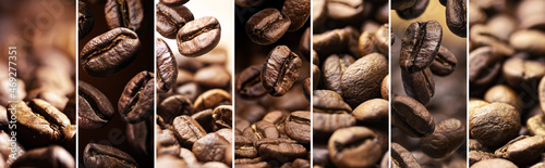 Flying roasted coffee beans collage, black background