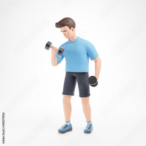 Handsome cartoon character man does dumbbell biceps exercise isolated over white background.