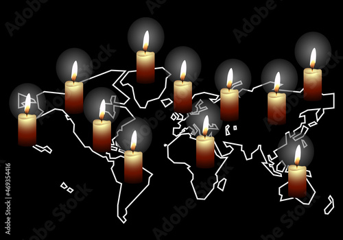 Apagón energético o eléctrico global. Mapa del mundo en trazo blanco con velas iluminando encima. Apagón energético o eléctrico en Europa en blanco y negro. Apagón tecnológico