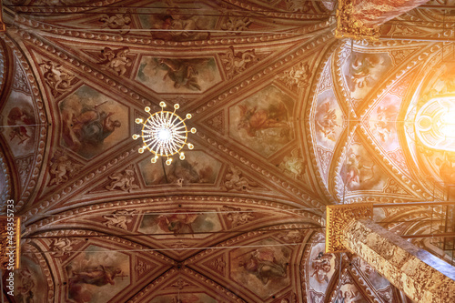 Perugia, Umbria, Italy. August 2021. Interior of the Cathedral of San Lorenzo. Detail of the richly frescoed vaults.