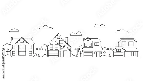 Neighborhood line art suburban house.Street building.Facade home.Isolated on white background.Outline vector illustration.