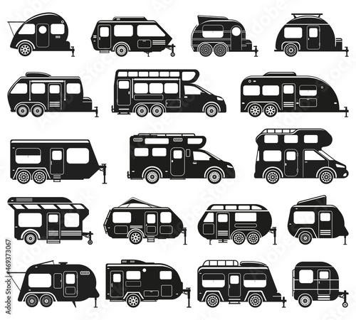 Camper vans, caravan rv cars and camping trailers silhouettes. Camping motor home, road trip car wagon vector flat illustration set. Recreational camping caravan silhouettes