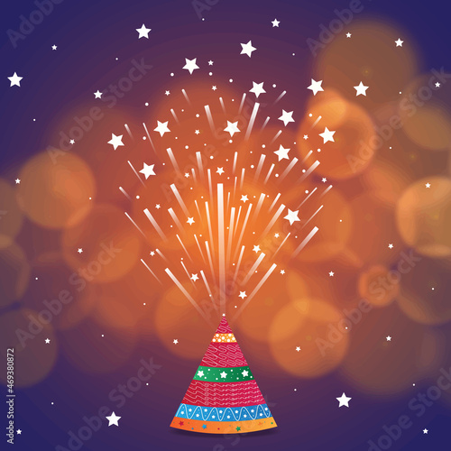 Vector illustration of burning Diwali firecrackers with blurred bokeh background design, Happy Diwali.
