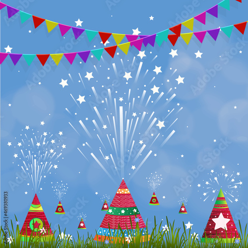 Vector illustration of burning Diwali firecrackers background design, Happy Diwali.