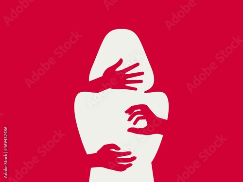 Silhouette of woman, harassment vector illustration. hands of man touching women. Violence against women, Workplace bullying concept. flat concept, text, blue, white, victim, sexual, rape