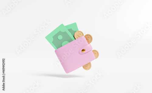 wallet with coins,banknote isolated on white background.saving money concept,3d illustration or 3d render