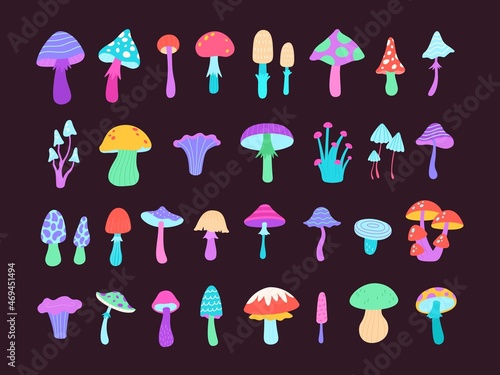 Neon groovy psychedelic poison mushrooms, toadstool and amanita. Cartoon trippy bright mushroom. Flat surreal magic hippie fungus vector set