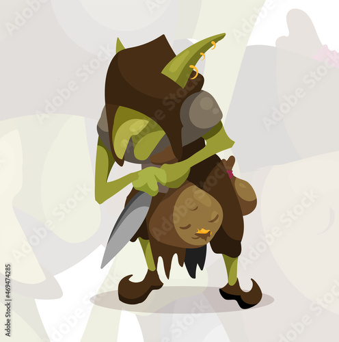 Green goblin thief robber with a knife and a bag of gold in cartoon style