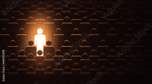 Shiny Man in a large Crowd Of Identical people. Bright talent Businessman Standing out in a row of male person. Stand out from the Crowd and Shine Concept 