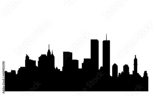 A graphic illustration of New York City skyline silhouette before 911 in black on a white background.