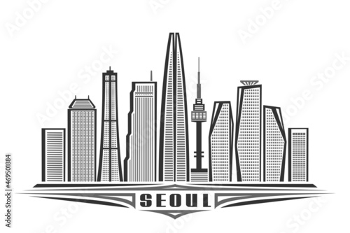 Vector illustration of Seoul, monochrome horizontal poster with linear design famous seoul city scape, urban line art concept with unique decorative lettering for black word seoul on white background.