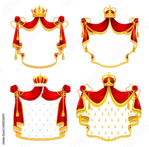 Medieval heraldic royal mantle with crown. Kings blazon, monarch coat of arms or heraldry vector symbol or royal emblem with tassels, fringe and ermine fur, golden crown with gemstones