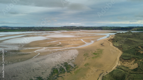 aerial drone view of the dunes of Tramore, Waterford Ireland. Sandhills natural park