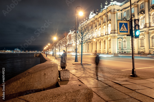 View of the Winter Palace and Palace Embankment, St. Petersburg. Russia. Night. Autumn