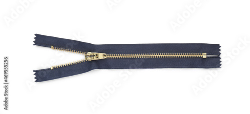 Dark blue zipper isolated on white, top view