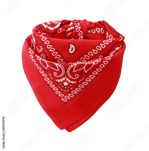 Tied red bandana with paisley pattern isolated on white