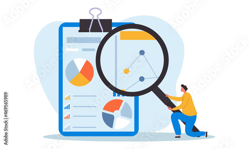 Financial report. Man with magnifying glass in his hands analyzes company sales statistics. Male character develops strategy to increase profits and counts income. Cartoon flat vector illustration