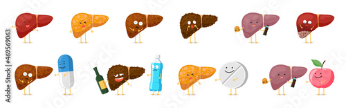 Strong healthy and sad sick unhealthy liver cute characters set. Human internal reversible and irreversible organ mascot in different medical conditions with pills, medications, alcohol and water
