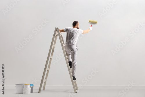 Rear view of a painter painting a wall on a ladder