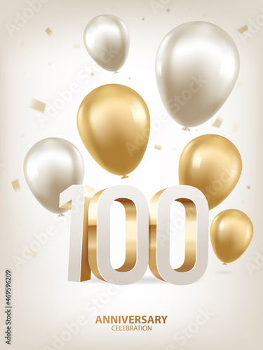 100th Year anniversary celebration background. Golden and silver balloons with confetti on white background with 3D numbers.