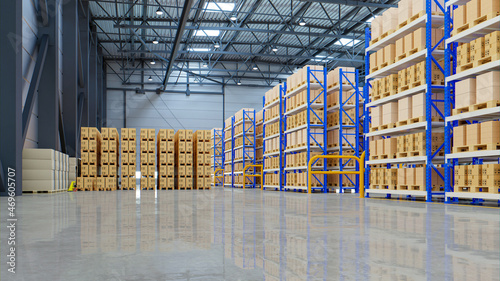 Interior of warehouse in logistic center.