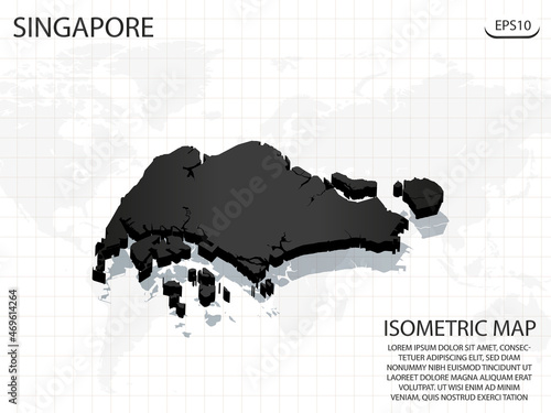 3D Map black of Singapore on world map background .Vector modern isometric concept greeting Card illustration eps 10.