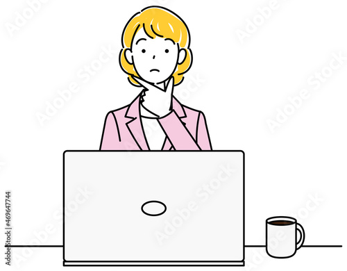 パソコンの前に座り策を考えているスーツ姿の可愛い女性 イラスト ベクター Cute woman in a suit sitting in front of a computer thinking about a plan illustration vector