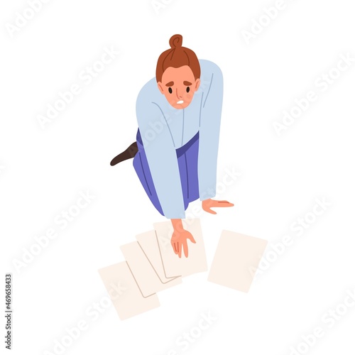 Clumsy person collecting dropped business documents from floor. Awkward office worker sitting on knees with mess from scattered sheets of paper. Flat vector illustration isolated on white background