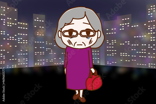 （全身正面）都会の生活に疲れてげっそりした顔で街を彷徨う高齢の女性