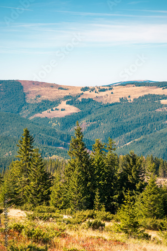 mountain landscape with forested hill. bright sunny afternoon autumn weather. arieseni mountains of romania. travel back country concept