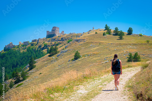 Castle of Rocca Calascio and Santa Maria della Pieta church, Aquila, Abruzzo, Italy. Part of Gran Sasso National Park, location for several film scenes, one of 15 most beautiful castle in the world