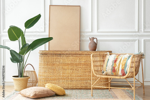 Picture frame on a rattan chest