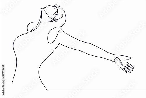 Continuous line art or One Line Drawing of a woman stretching arms is relaxing picture vector illustration