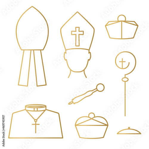 golden catholic priest, bishop, pope hats, crosier, sprinkler, cassock icons- vector illustration