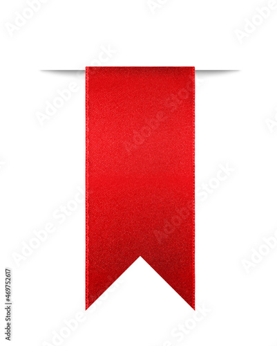 Shiny red ribbon bookmark for use as a page reminder. Photographed isolated on a white background. An attractive design element for web pages and brochures.