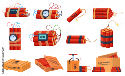 Dynamite sticks set vector flat illustration. Box ready explosives cartridge belt hand detonators