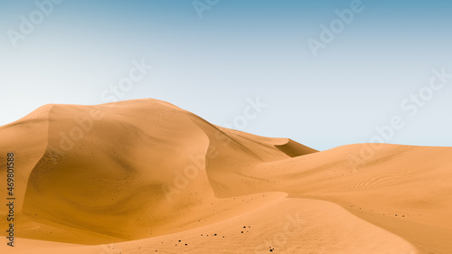 Bright yellow dunes and teal sky. Desert dunes landscape with contrast skies. Minimal abstract background. 3d rendering