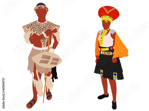 South African zulu man and women in traditional outfit illustration