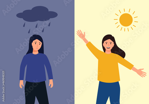 Woman in sad and happy mood in flat design. Positive and negative thinking. Mental health care concept.