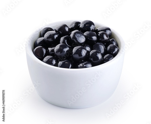 Black tapioca pearls for bubble tea isolated on white background. With clipping path.