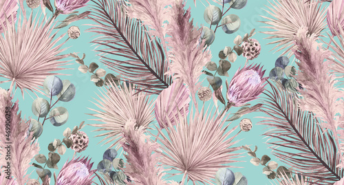 Watercolor seamless pattern with tropical dried flowers and pampas grass for fashion textiles and surface design