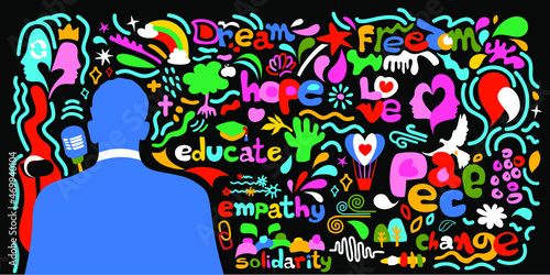 An abstract vector poster illustration for MLK day in abstract designs concepts of empathy dream freedom solidarity change hope love peace and education 